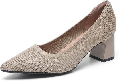 Youngshow Women's Knitted Striped Pointed Toe Chunky Heel Pumps Elegant Slip On Lightweight Breathable Stretchy Knit Comfort Mid Block Heel Dress Work Shoes for Office Casual Walking Dating