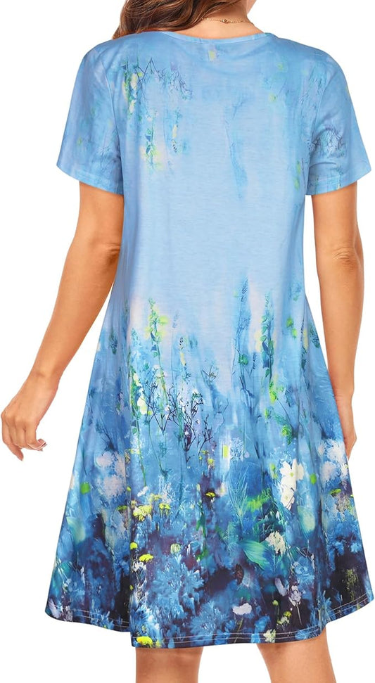 Womens Summer Dresses Beach Casual Loose Tshirt Floral Short Sleeve Flowy Pockets Sundresses