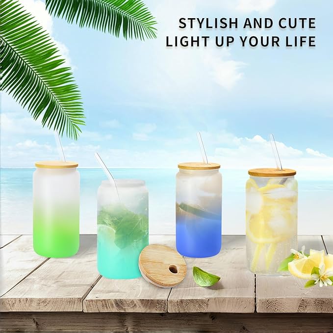 Beer Glass Cup,Iced Coffee Glasses Drinking Glasses cup,Clear Old Fashioned Whiskey Cup with bamboo lid and glass straw for Cocktail, Whiskey,Mojito,Smoothie,Beverage,Gift Idear