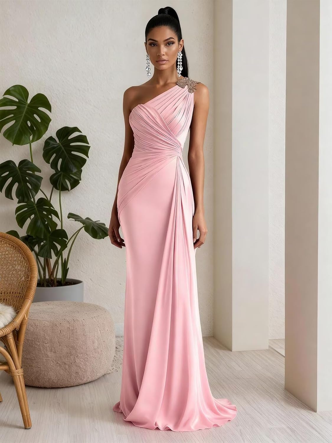 RYANTH One Shoulder Chiffon Bridesmaid Dresses for Women Mermaid Long Prom Dress Pleated Beaded Formal Evening Gowns.