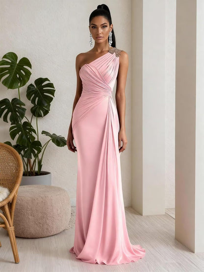 RYANTH One Shoulder Chiffon Bridesmaid Dresses for Women Mermaid Long Prom Dress Pleated Beaded Formal Evening Gowns.