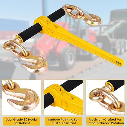 Chain Binders with 2 Grab Hooks, G80 14in-516in Heavy Duty Ratchet Binders, Tie Downs for Grade 80 Transport Chain, 2200lbs Safe Working Load, for Material Handling, Hauling, Towing