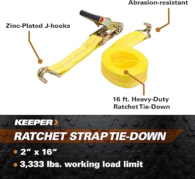 HAMPTON PROD Keeper Keeper - 2" x 16' Heavy Duty Ratchet Tie-Down with Double J-Hooks - 3,333 lbs. Working Load Limit and 10,000 lbs. Break Strength