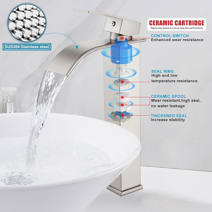 Midanya Waterfall Spout Bathroom Faucet Single Handle 1 Hole Bathroom Sink Faucet,Modern RV Lavatory Vanity Basin Tap with Water Hose,Tall Body,Brushed Nickel