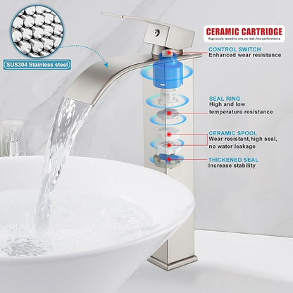 Midanya Waterfall Spout Bathroom Faucet Single Handle 1 Hole Bathroom Sink Faucet,Modern RV Lavatory Vanity Basin Tap with Water Hose,Tall Body,Brushed Nickel