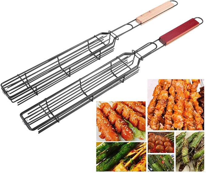 2Pcs Grilling Basket, Bbq Kabob Barbecue Net, Stainless Steel Nonstick Barbecue Mesh Sausage Grill Basket for Hot Dog Kitchentool Picnic Camping