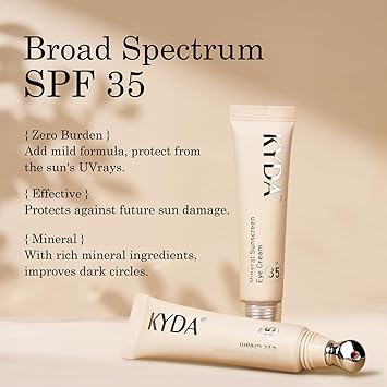 KYDA Mineral Sunscreen Eye Cream, 3-in-1 Anti-Aging Eye Cream, SPF 35, for Dark Circle and Fine Lines, Medium