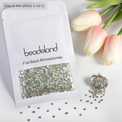 beadsland Flat Back Crystal Rhinestones Round Gems for Nail Art and Craft Glue Fix, CrystalAB (SS12(2.9-3.0mm))
