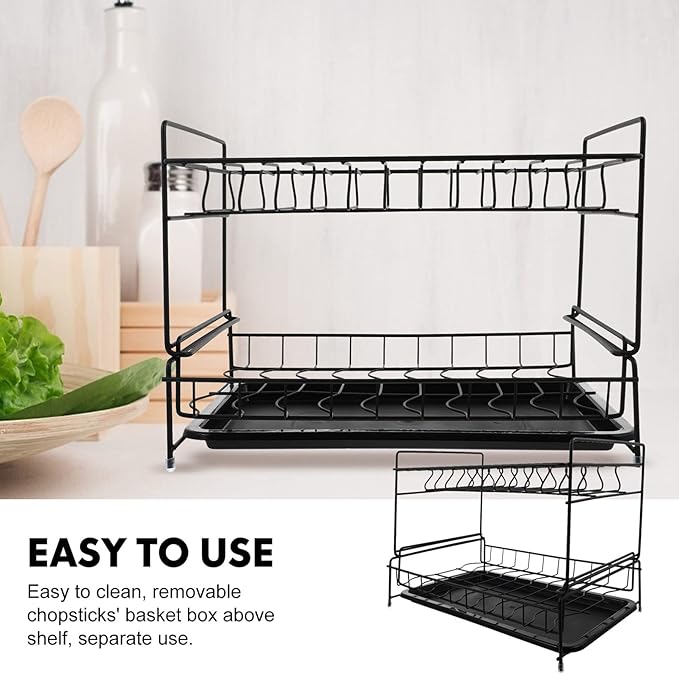 Cabilock Double Layer Tableware Storage Rack Dish Rack Drain Over Sink Dish Black
