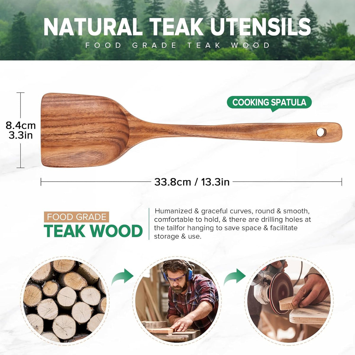 Teak Wood Spatula for Cooking, Wooden Kitchen Cooking Utensil, Large Long Handle Solid Wok Spatula Flipper with Raised Sides for Serving Scooping Frying Mixing Stirring Eggs Beans,Non-Toxic,13.4?,1Pk