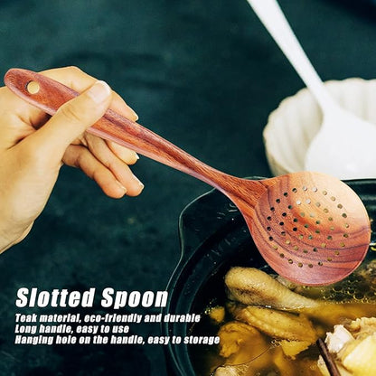 Wooden Strainer Spoon, 11 inch Teak Wooden Slotted Spoon Long Handle Colander Ladle Skimmer Scoops for Home Kitchen Cooking Tool
