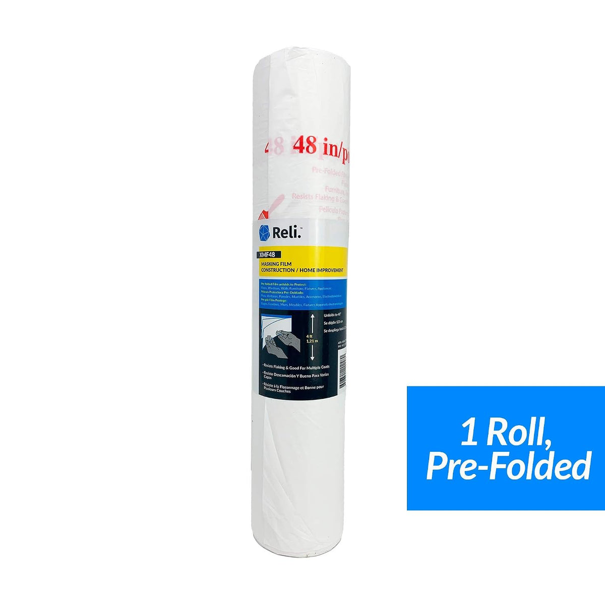 Reli. Masking Film, 1 Roll | 180' Foot x 48" Inch | Masking Plastic Film, Pre-Folded | Hand Masker for Painting & Automotive | Plastic Overspray Protection