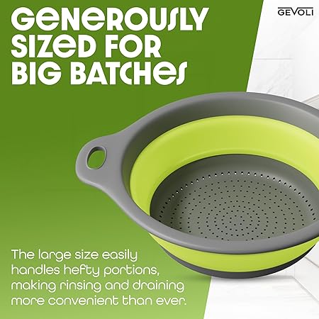 Large Collapsible Colander with Self Draining Base - 5Qt Side Drain Food Strainer for Edge of Kitchen Sink, Green (2 Piece Set)