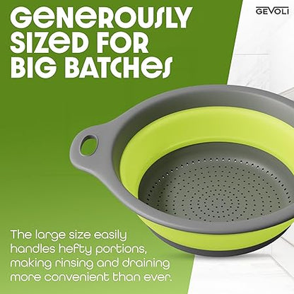 Large Collapsible Colander with Self Draining Base - 5Qt Side Drain Food Strainer for Edge of Kitchen Sink, Green (2 Piece Set)