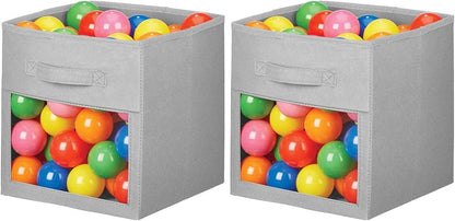 Foldable Storage Cubes Set of 2 Non-Woven Fabric Clothes Organizer with Handles Collapsible Storage Bins Clear Front Window Open-Top Storage Boxes for Shelf Closet(28  28  28cm,Grey)