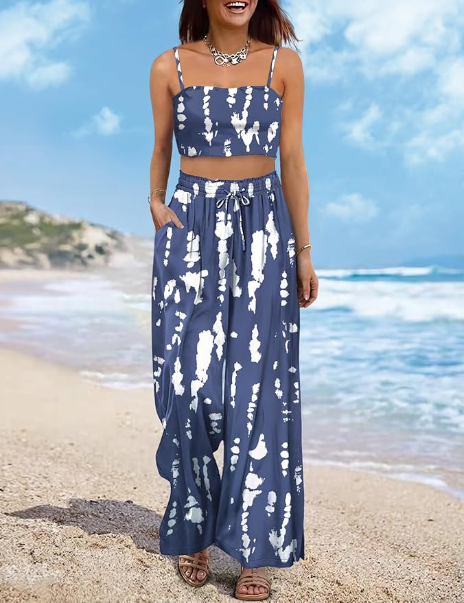 YESNO Women Summer Boho Palazzo Pants High Waist Wide Leg Floral Casual Cotton Lounge Trousers with Pockets PP0