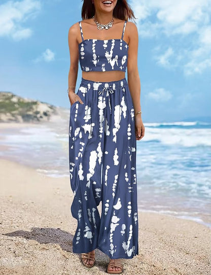 YESNO Women Summer Boho Palazzo Pants High Waist Wide Leg Floral Casual Cotton Lounge Trousers with Pockets PP0