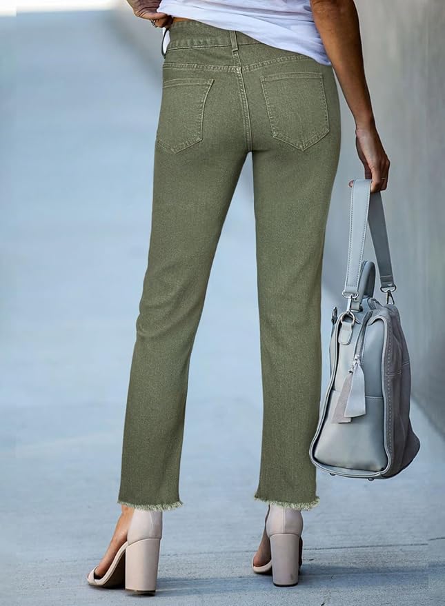Sidefeel Women's High Waisted Raw Hem Straight Leg Jeans | Double Button Waistband,Tummy Control,Stretch Denim Fabric,Ankle Length,5 Pocket,Casual Style