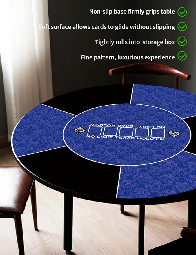 39 inch Round Poker Mat for Texas Holdem Portable Poker Table Top with Art Deco Layout Print Smooth Surface Players Game for Games Everywhere