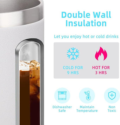 Volhoply 14oz Insulated Stainless Steel Coffee Mug with Leakproof Lid,Double Wall Vacuum Travel Coffee Cup with Handle,Reusable Metal Cups Tumbler,Camping Mugs Keep HotCold,Ideal Gifts(White,1)
