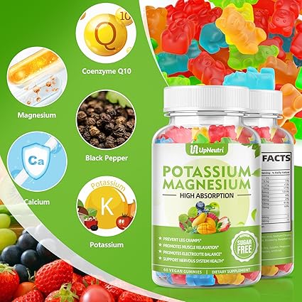 Potassium Magnesium Supplement Gummies for Adults Kids, Sugar-Free Potassium Gummies Supports Leg Cramps  Muscle  Immune Health, High Absorption Vegan Magnesium Gummies 5 Fruit Flavor 60 Cts
