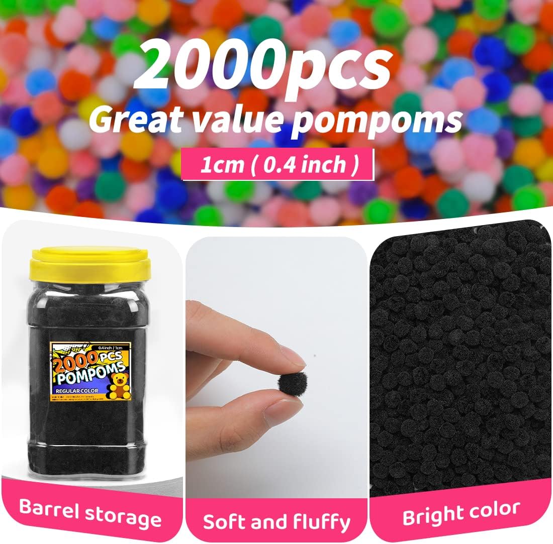 Bundooraking Black Pom Poms, 0.4inch (1cm), 2000pcs - Perfect for Crafts