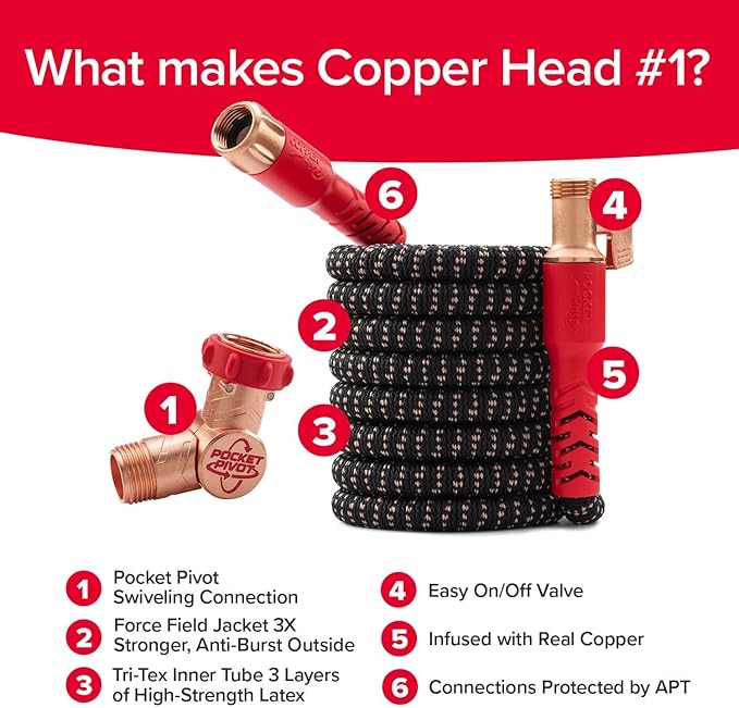 Pocket Hose Copper Head Expandable Garden Hose 9FT, Advanced Tri-Tex Tubing & Force Field Jacket, 3X Stronger, Lead-Free, No-Kink, Anti-Burst w/APT