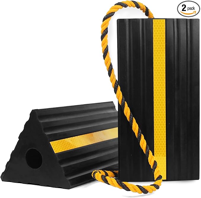 MaxxHaul 50019 Heavy Duty 3-Sided Rubber Wheel Chock with Yellow Reflective Strips and Nylon Rope and Non-Slip Base - 1 Pair