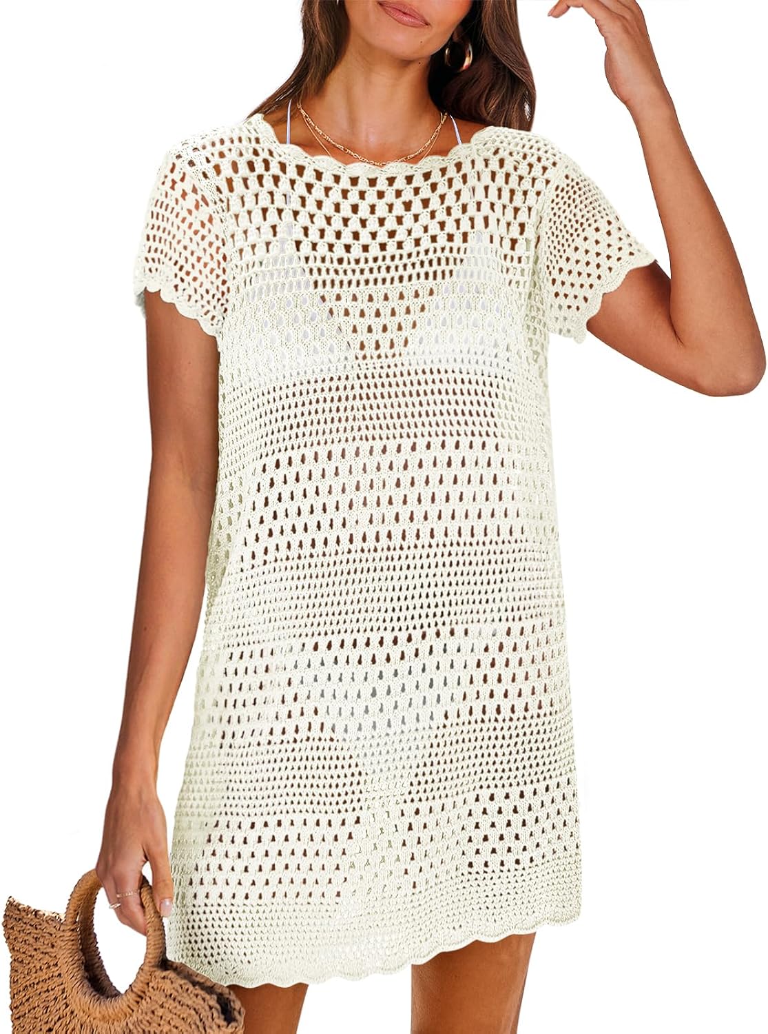 Crochet beach dress with mesh knit, perfect for summer vacations and daily wear.