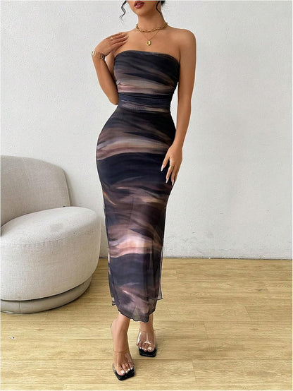 Milumia Women's Tie Dye Strapless Maxi Dress Mesh Split Bodycon Vacation Long Tube Dresses h