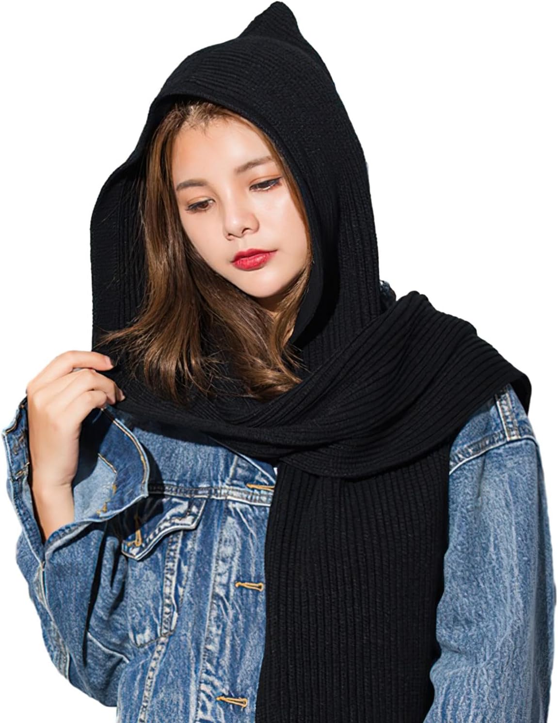 SIQITECHNO Winter Women Hooded Scarf Knitted Hooded Long Scarf Large Head Wrap Scarves for Women Lightweight Warm Shawl