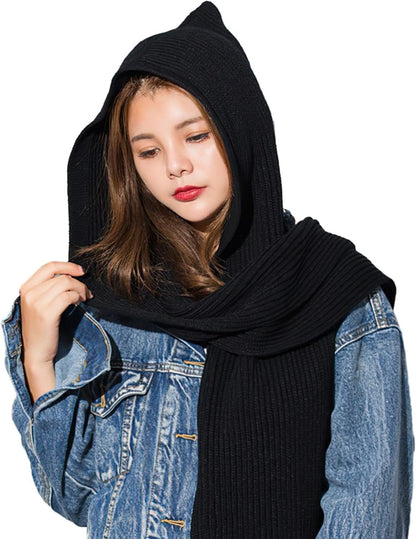 SIQITECHNO Winter Women Hooded Scarf Knitted Hooded Long Scarf Large Head Wrap Scarves for Women Lightweight Warm Shawl