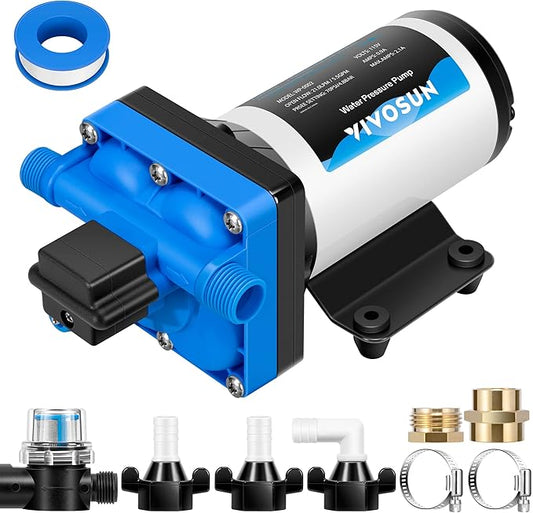 REFURBISHED VIVOSUN Water Pressure Pump, 110V 5.5GPM 70 PSI Diaphragm Water Pump Include 12" and 34" Garden Hose Adapters, Power Plug for Bathrooms, Kitchens, RVs, and Yachts