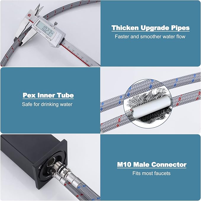 WOWOW 16" Length Faucet Supply Line, Bathroom Kitchen Faucet Lines Braided Nylon Sink Hose,cUPC Faucet Supply Lines 38" Female Compression Thread  M10 Male Connector 2Pcs (1 Pair)