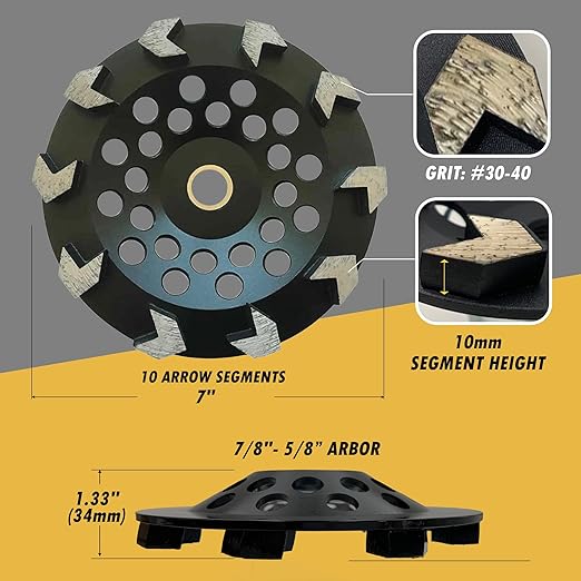 7" High Performance Diamond Grinding Wheels for Concrete, Paint, Epoxy, Mastic, Coating Removal, 3040 Grit, 10 Arrow Segments, 78"-58" Arbor