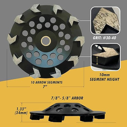 7" High Performance Diamond Grinding Wheels for Concrete, Paint, Epoxy, Mastic, Coating Removal, 3040 Grit, 10 Arrow Segments, 78"-58" Arbor