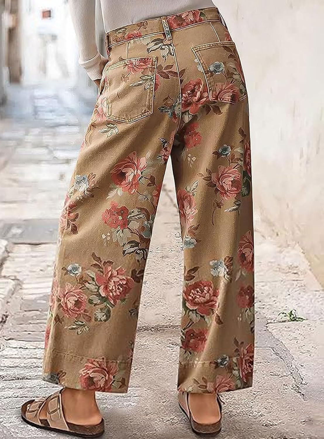 FLAMINGALS Women Mid Rise Cropped Wide Leg Jeans Baggy Floral Ankle Pants Denim Capris Flare Print Boho Palazzo Jeans Boyfriend