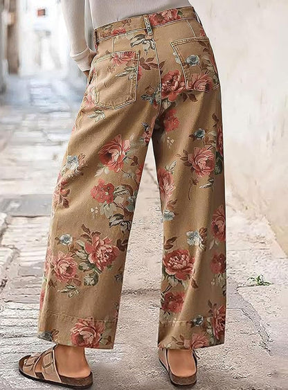 FLAMINGALS Women Mid Rise Cropped Wide Leg Jeans Baggy Floral Ankle Pants Denim Capris Flare Print Boho Palazzo Jeans Boyfriend
