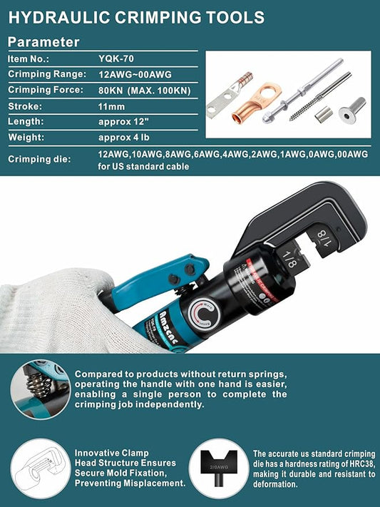 AMZCNC Hydraulic Crimping Tool Kit - with 9 US Standard Copper Cable Dies (12AWG to 20AWG) and 8 Copper Cable Dies (12AWG to 20AWG) and 18" Stainless Steel Cable Dies