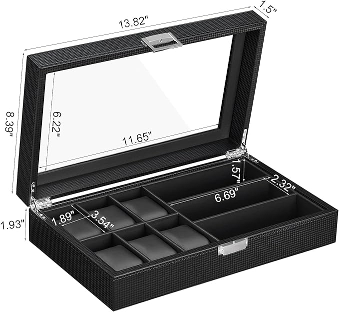 BEWISHOME Watch Box Sunglass Organizer with Real Glass Top, 6 Watch Case and 3 Slots Sunglasses Box for Men, Carbon Fiber Design, Black SSH18C