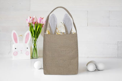 Easter Egg Hunt Basket Bag - Bunny Rabbit Ear Design - Reusable Grocery Shopping Baskets - Kids Party Gift Bags - Baby Shower  Book Storage by Jolly Jon (BurlapWhite Ears)