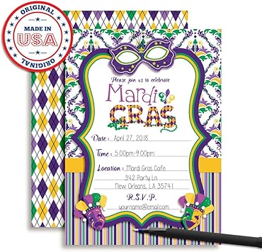Amanda Creation Mardi Gras Masks Fill In Party Invitations, set of 20 including envelopes