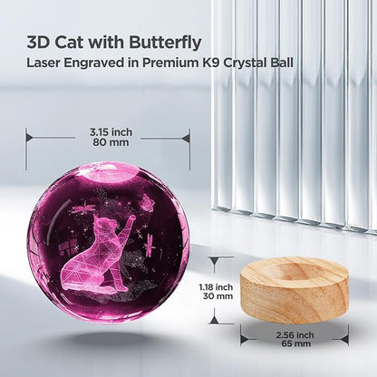 Crystal Ball Night Light Cat Lamp, 3.15 Inch Cat Figurines with 16 Color Wooden LED Base, Birthday