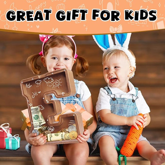 UBeesize 12in Extra Large Wooden Piggy Bank,Letter Piggy Bank for Boys Girls,Money Coin Bank for Kids,Christmas,Birthday,Childrens Gift and Home Office Decoration(S)