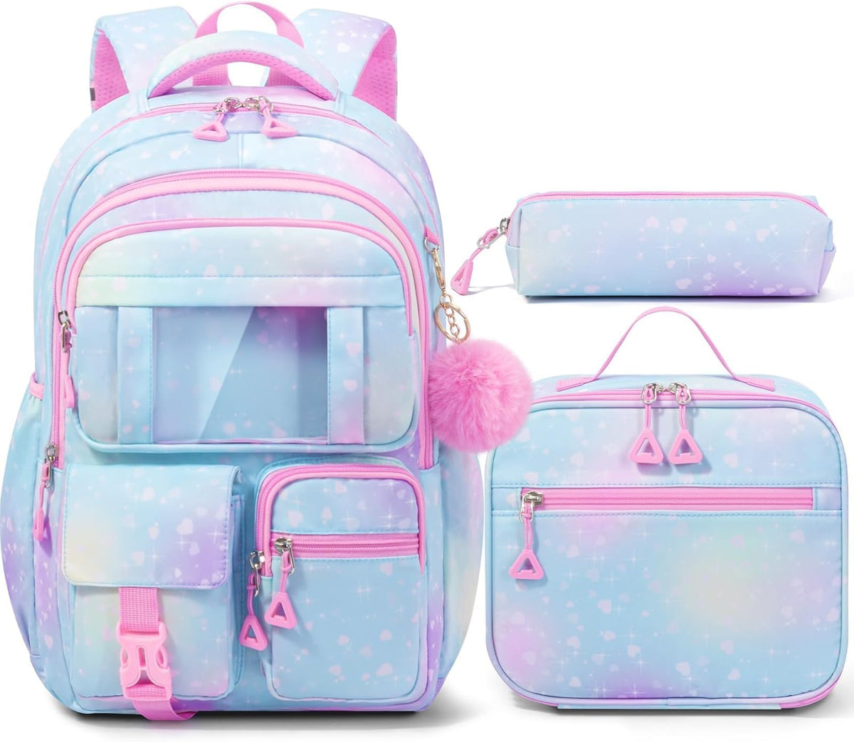 The color is Pink Fimibuke Kids Backpack for School Girls, 3Pcs Waterproof Girls Backpack with Lunch Box & Pencil Pouch - Lightweight Blue Bookbag for Ages 6+ Elementary Middle School Teens