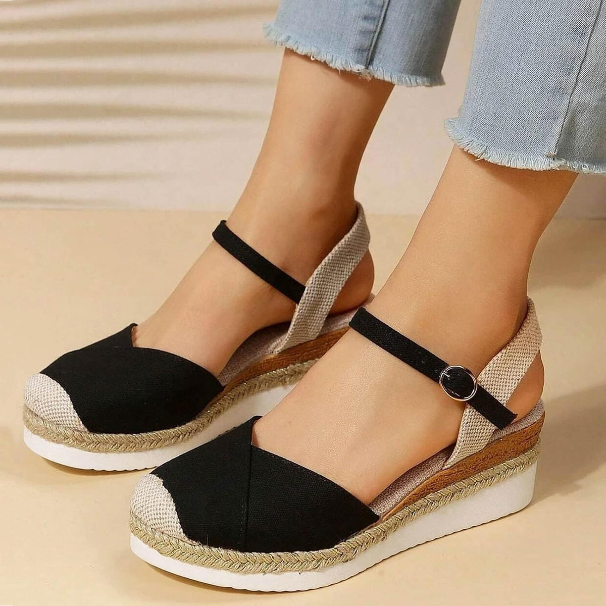 Closed Toe Platform Wedge Sandals Espadrilles Wedges for Women 2025 Dressy Flat Open Toe Comfortable Anti Slip Summer Shoes with Adjustable Buckle Ankle Strap
