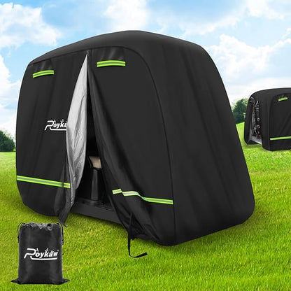 Roykaw Golf Cart Cover Superior 420D Waterproof Compatible with EZGO/Club Car/Yamaha & Most Brands 4 Passenger/2 Passenger Golf Cart,Reflective Strips/Two Windproof Straps/Three Sides Zipper Opening