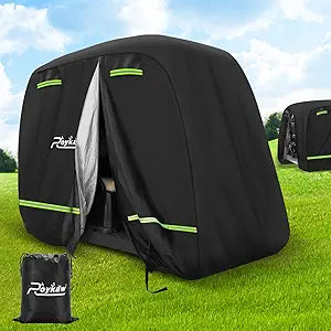 Roykaw Golf Cart Cover Superior 420D Waterproof Compatible with EZGO/Club Car/Yamaha & Most Brands 4 Passenger/2 Passenger Golf Cart,Reflective Strips/Two Windproof Straps/Three Sides Zipper Opening