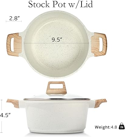 ESLITE LIFE Nonstick Stock Pot with Lid, 5 Quart Granite Casserole Large Soup Pot Pasta Cooking Pot, Induction Compatible, PTFE  PFOA Free, White