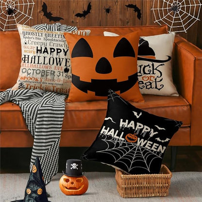 Halloween Pillow Covers 18x18 Set of 4 Spider Web Happy Halloween Decorations Jack-O-Lantern Pumpkin Throw Pillow Covers Witch Hat Trick or Treat Cushion Case for Sofa Couch